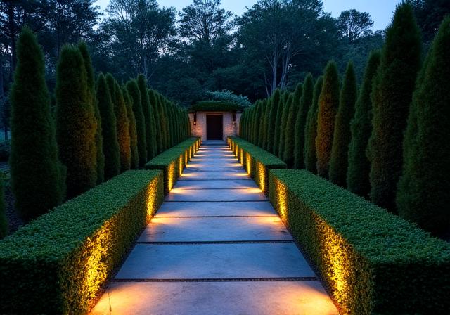 Luksusowy ogród przydomowy w nocy