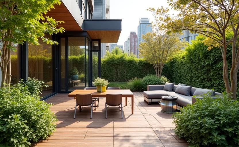 Minimalistyczny ogród przydomowy w Warszawie z tarasem drewna egzotycznego